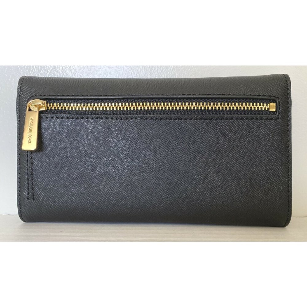 New Michael Kors Jet Set Travel Large Trifold Wallet Leather Black with Gold - Picture 3 of 6